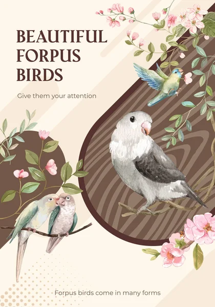 Modèle Affiche Avec Concept Oiseau Forpus Styl Aquarelle — Image vectorielle