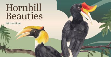 Boynuz gagalı kuş konsepti olan ilan panosu şablonu, suluboya tarzı