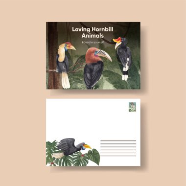 Boynuz gagalı kuş konsepti içeren bir kartpostal şablonu, suluboya tarzı