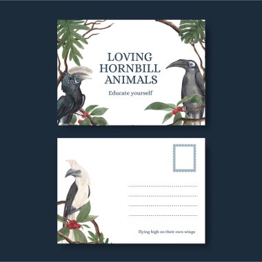 Boynuz gagalı kuş konsepti içeren bir kartpostal şablonu, suluboya tarzı