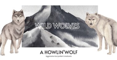 Kurtlu billboard şablonu kış konsepti, suluboya tarzı