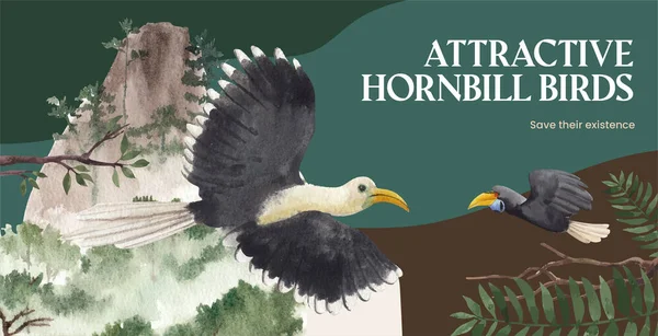 Modelo Billboard Com Hornbill Conceito Pássaro Estilo Aquarela —  Vetores de Stock