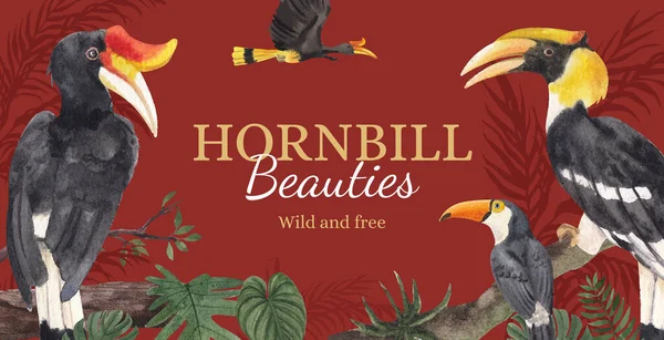 Billboard Mall Med Hornbill Fågel Koncept Akvarell Stil — Stock vektor
