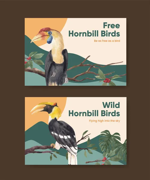 Facebook Mall Med Hornbill Fågel Koncept Akvarell Stil — Stock vektor