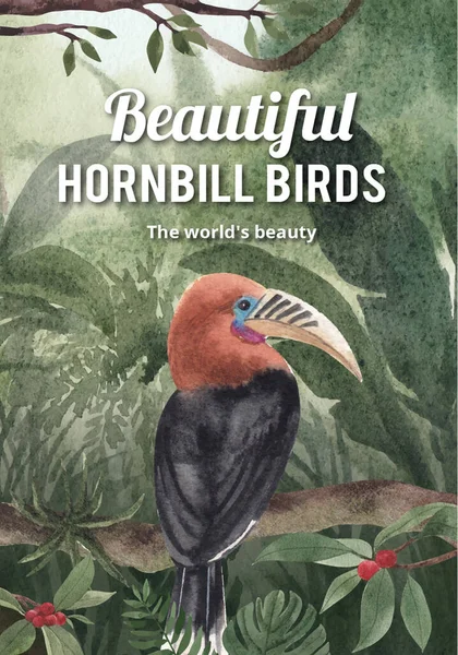 Boynuz Gagalı Kuş Konsepti Olan Poster Şablonu Suluboya Tarzı — Stok Vektör