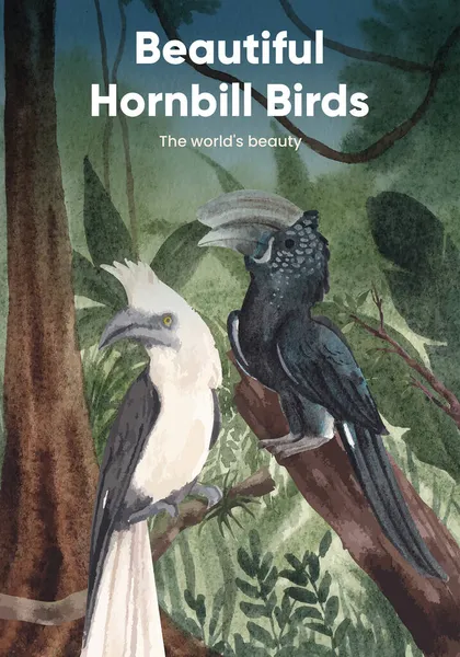 Πρότυπο Αφίσας Την Έννοια Πουλί Hornbill Υδατογραφία Στυλ — Διανυσματικό Αρχείο