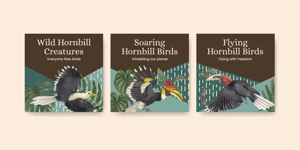 Modelo Banner Com Hornbill Conceito Pássaro Estilo Aquarela — Vetor de Stock
