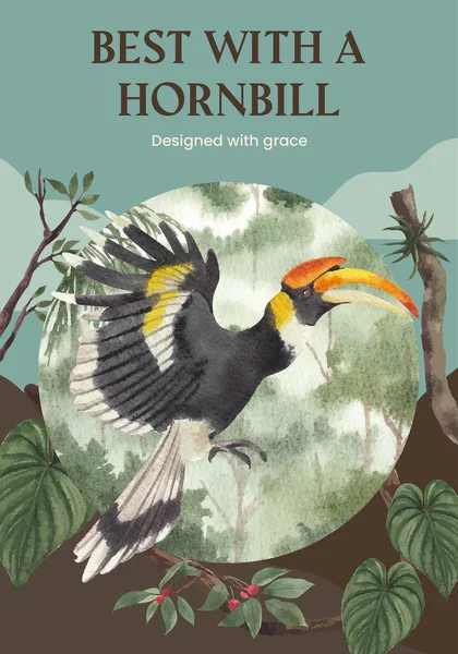 Modelo Cartaz Com Hornbill Conceito Pássaro Estilo Aquarela —  Vetores de Stock