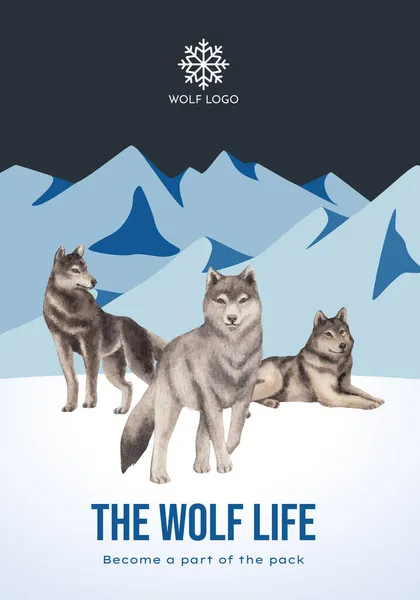 冬季野狼海报模板 水彩画风格 — 图库矢量图片