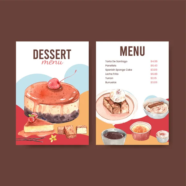 带有西班牙甜点概念的菜单模板 水彩画样式 — 图库矢量图片