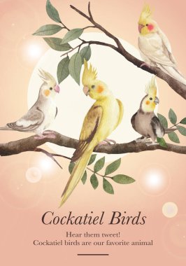 Papağan kuş konseptiyle poster şablonu, suluboya stil