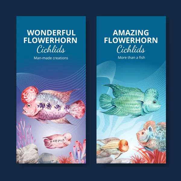 Flyer Mall Med Blomma Horn Cichlid Fisk Koncept Akvarell Stil — Stock vektor