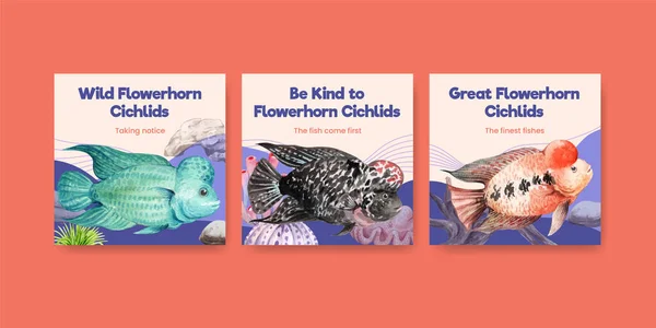 Πρότυπο Banner Λουλούδι Κέρατο Cichlid Ψάρια Έννοια Νερομπογιές Styl — Διανυσματικό Αρχείο