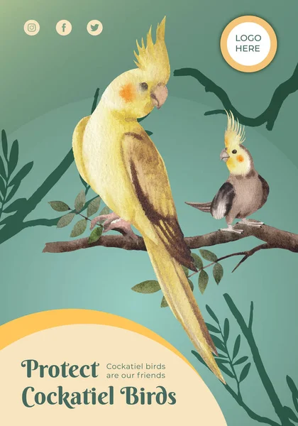 カクテル鳥のコンセプト 水彩風のポスターテンプレート — ストックベクタ