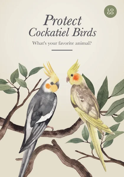Affischmall Med Cockatiel Fågel Koncept Akvarell Stil — Stock vektor