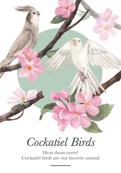 Affischmall Med Cockatiel Fågel Koncept Akvarell Stil — Stock vektor