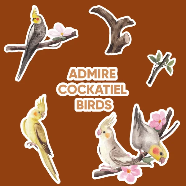 Modello Adesivo Con Concetto Uccello Cockatiel Acquerello Styl — Vettoriale Stock