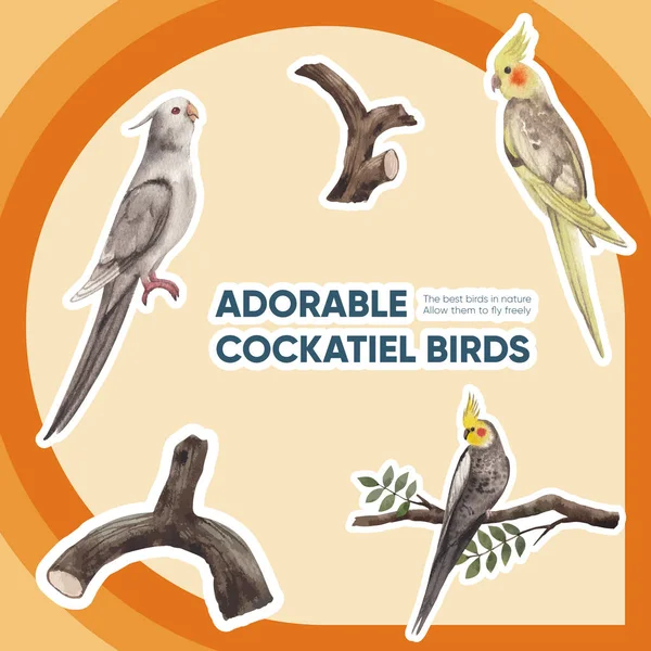 Modello Adesivo Con Concetto Uccello Cockatiel Acquerello Styl — Vettoriale Stock