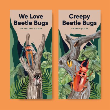 Böcek böcek konsepti ile uçan şablon, suluboya stil