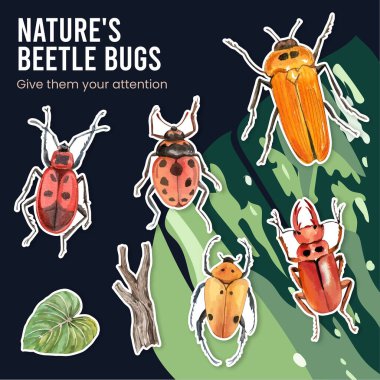 Böcek böcek konsepti, suluboya stili çıkartma şablonu