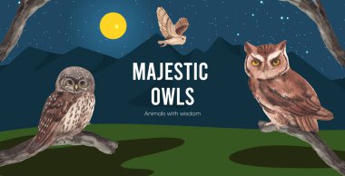 Billboard şablonu baykuş konsepti, suluboya stil