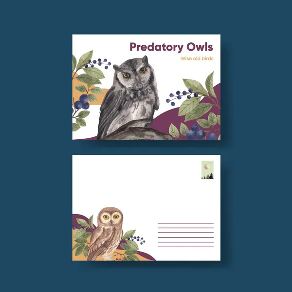 Postcard Template Owl Bird Concept Watercolor Styl — Stock vektor