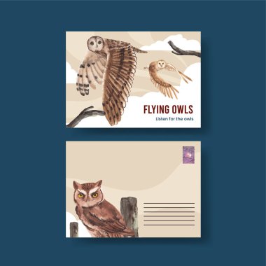 Baykuş konseptli bir kartpostal şablonu, suluboya stil