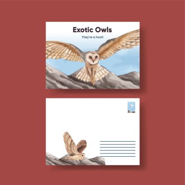 Baykuş konseptli bir kartpostal şablonu, suluboya stil