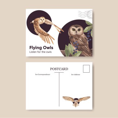 Baykuş konseptli bir kartpostal şablonu, suluboya stil