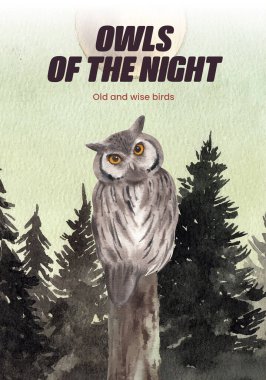 Baykuş konseptli poster şablonu, suluboya stil