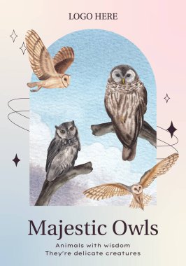 Baykuş konseptli poster şablonu, suluboya stil