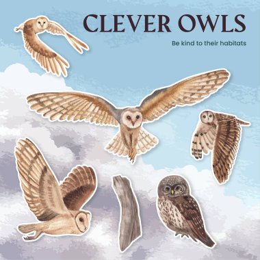 Baykuş konseptli çıkartma şablonu, suluboya stil