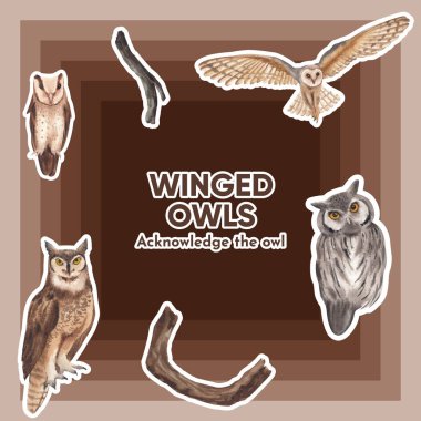 Baykuş konseptli çıkartma şablonu, suluboya stil