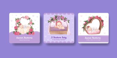 Yeni doğmuş bebek konsepti olan banner şablonu, suluboya stil