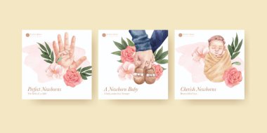 Yeni doğmuş bebek konsepti olan banner şablonu, suluboya stil