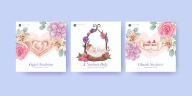 Yeni doğmuş bebek konsepti olan banner şablonu, suluboya stil