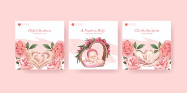 Yeni doğmuş bebek konsepti olan banner şablonu, suluboya stil