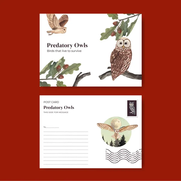 Postcard Template Owl Bird Concept Watercolor Styl — Stock vektor