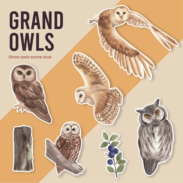 Sticker Template Owl Bird Concept Watercolor Styl — Stock vektor