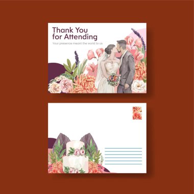 İçinde boho çiçeği düğün konsepti olan bir kartpostal şablonu, suluboya stil.