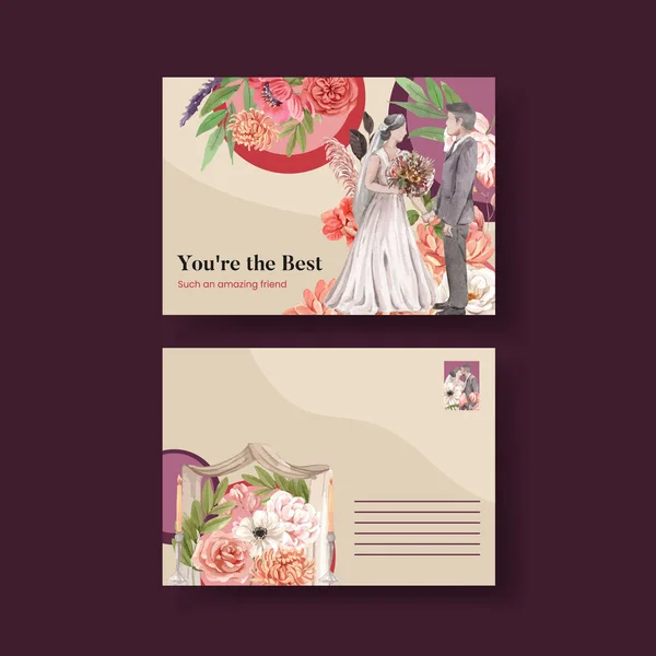 Modèle Carte Postale Avec Concept Mariage Fleurs Boho Styl Aquarelle — Image vectorielle
