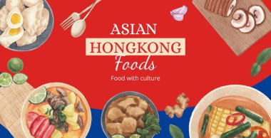 Hong Kong gıda konsepti ve suluboya şablonu.