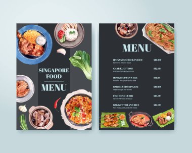Singapur mutfağı konsepti, suluboya stili menü şablonu