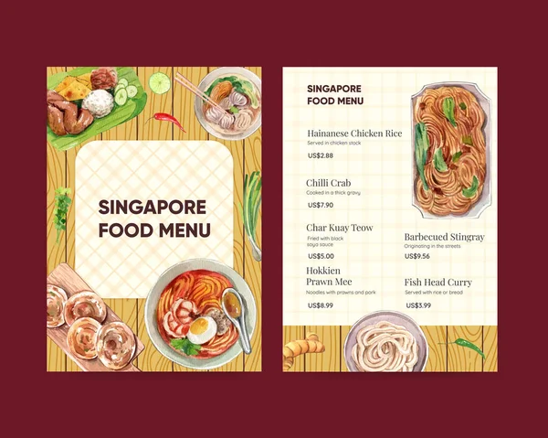 Modelo Menu Com Conceito Cozinha Singapura Styl Aquarela — Vetor de Stock