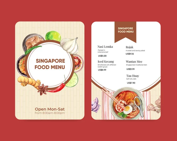 Modèle Menu Avec Singapour Concept Cuisine Aquarelle Styl — Image vectorielle