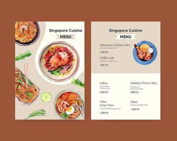 Menu Template Singapore Cuisine Concept Watercolor Styl —  Vetores de Stock