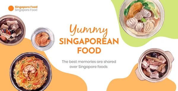 Templat Billboard Dengan Konsep Masakan Singapura Styl Cat Air - Stok Vektor