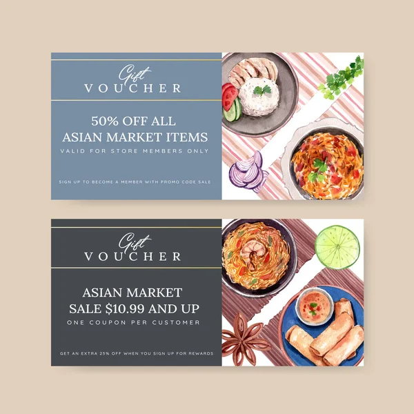 Voucher Template Singapore Cuisine Concept Watercolor Styl —  Vetores de Stock