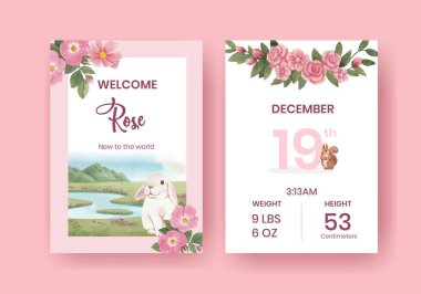 Bebek istatistikleri kart şablonu ile bahar ormanları vahşi yaşam konsepti, suluboya styl