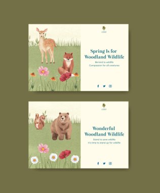 Bahar ormanlık vahşi yaşam konseptiyle Facebook şablonu, suluboya styl